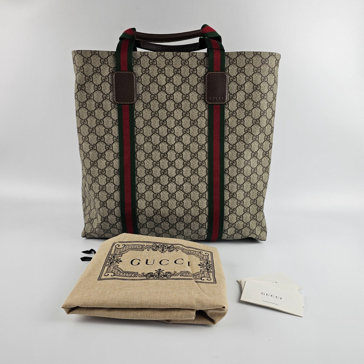 GUCCI $1500 Beige And Ebony GG Canvas Tender Large Tote Bag New & Authentic