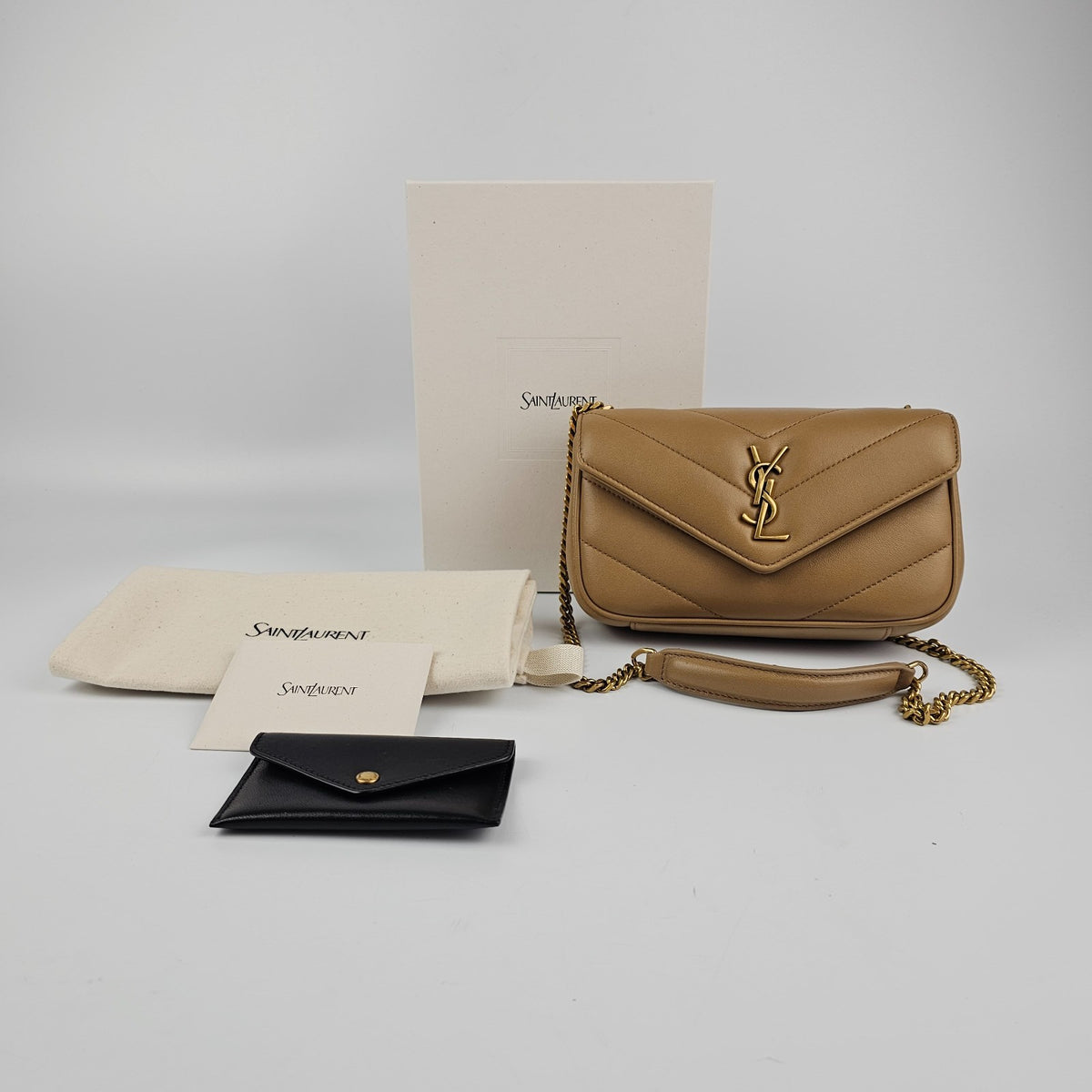 SAINT LAURENT Loulou Mini $2150 Natural Tan Leather Shoulder Bag New