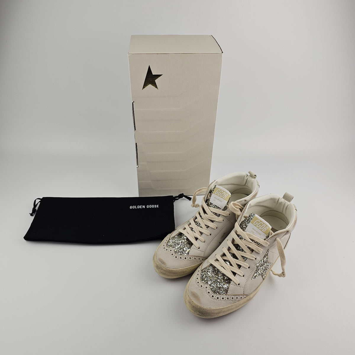 GOLDEN GOOSE Mid Star Women's Beige/Platinum Sneakers New & Authentic