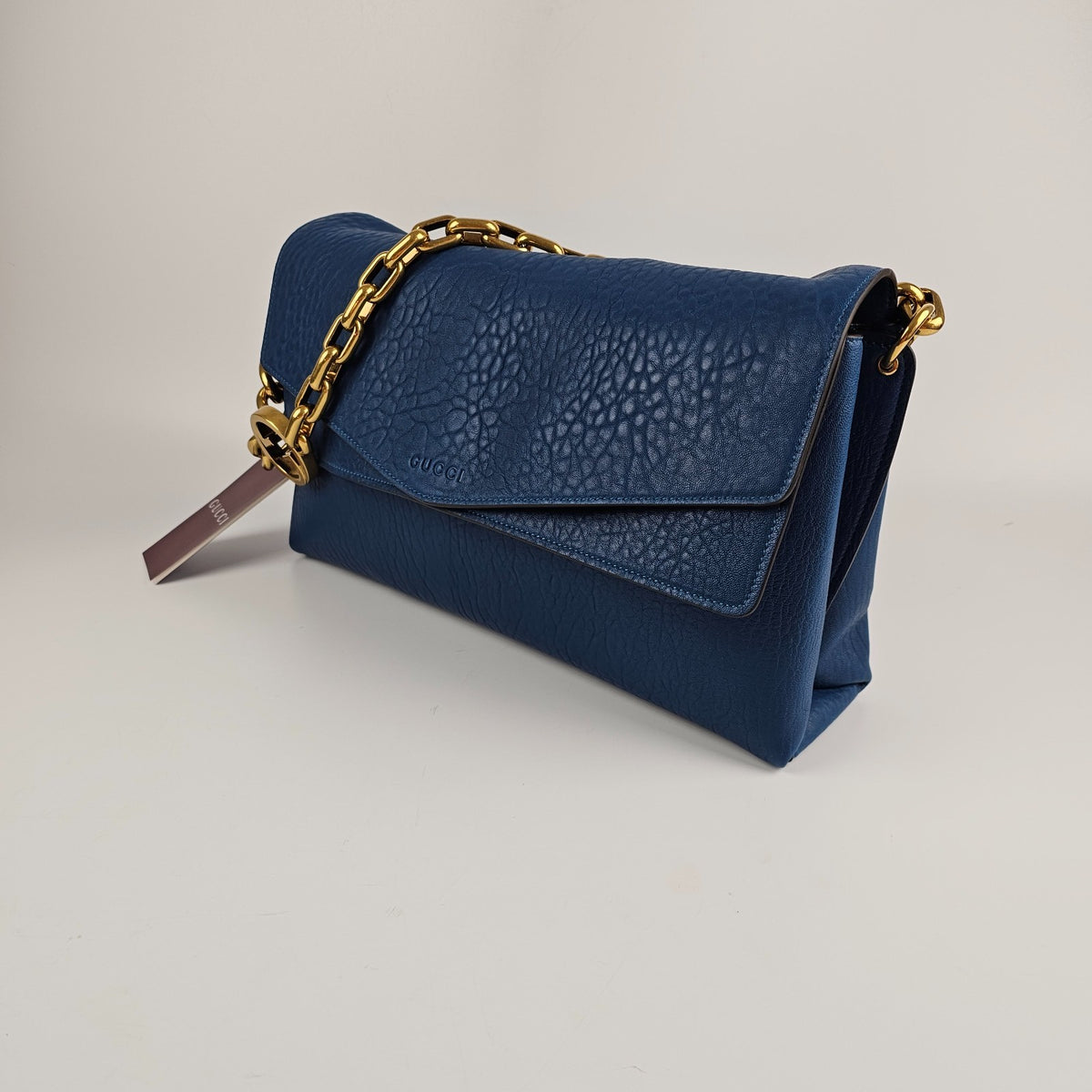 GUCCI $4600 Cobalt Blue GG Leather Large With Chain Shoulder Bag New & Authentic