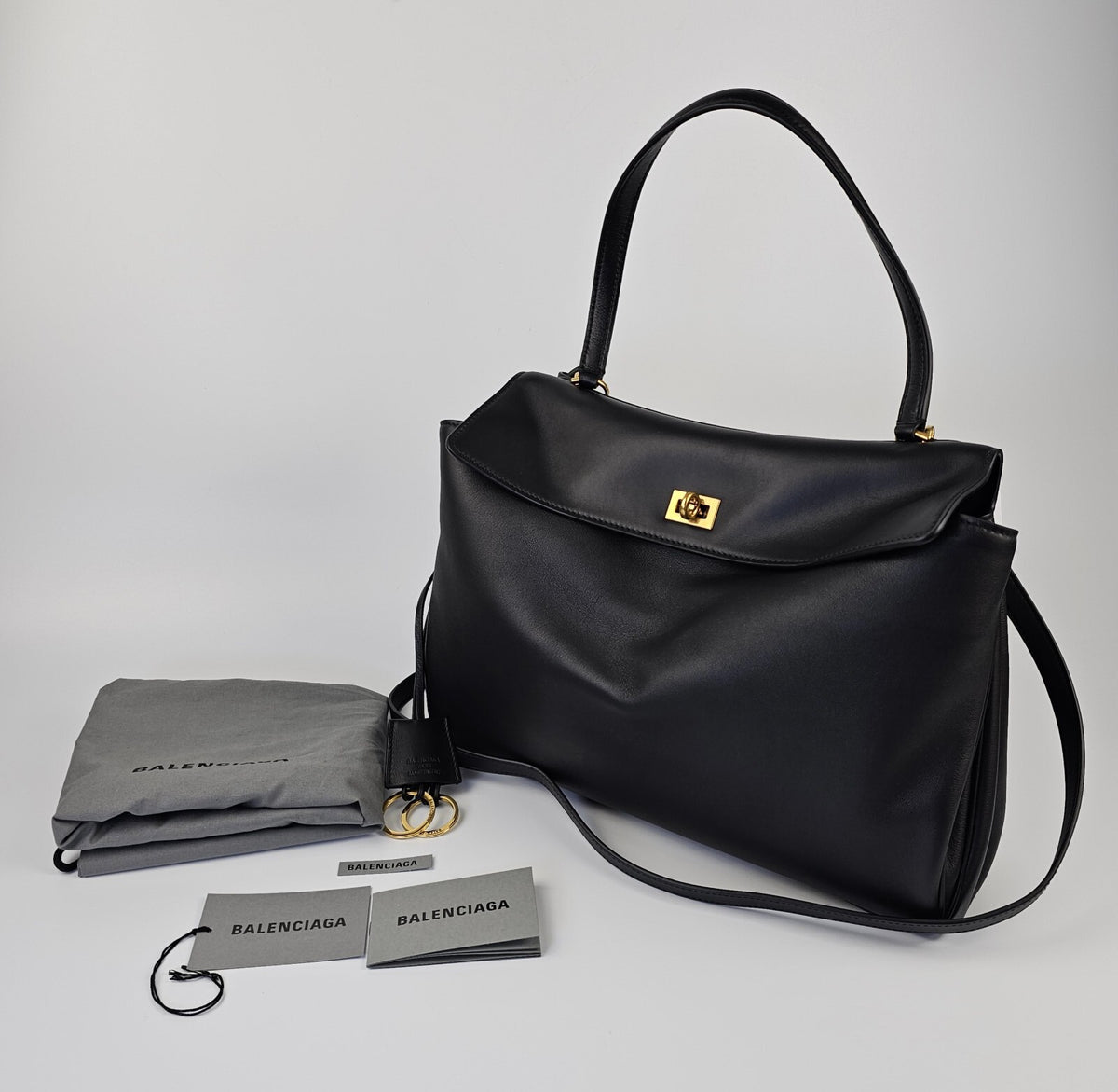 BALENCIAGA Rodeo Medium $4450 Black With Gold Leather Handbag New And Authentic