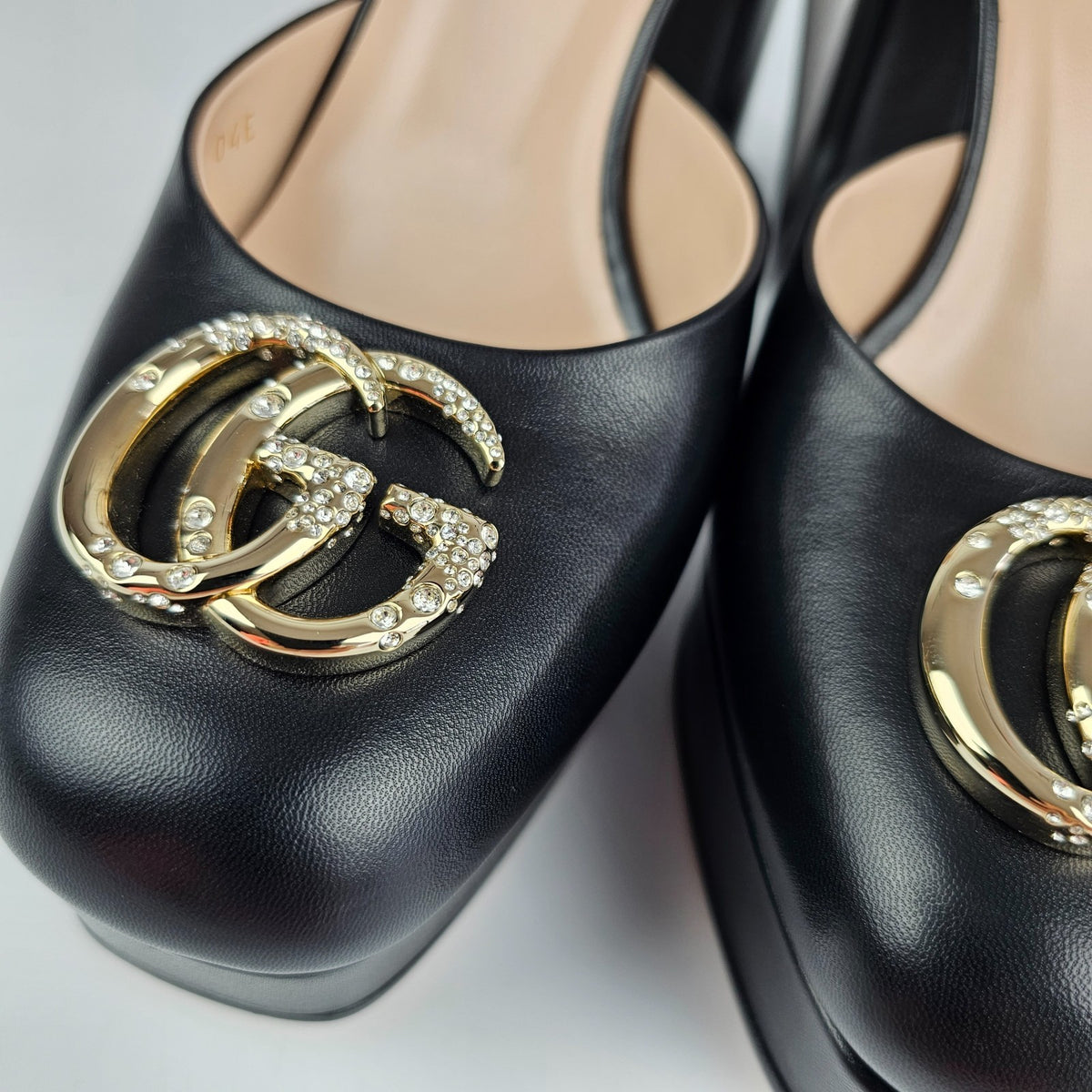 GUCCI Black Leather With Crystal GG Platform Sandals New & Authentic