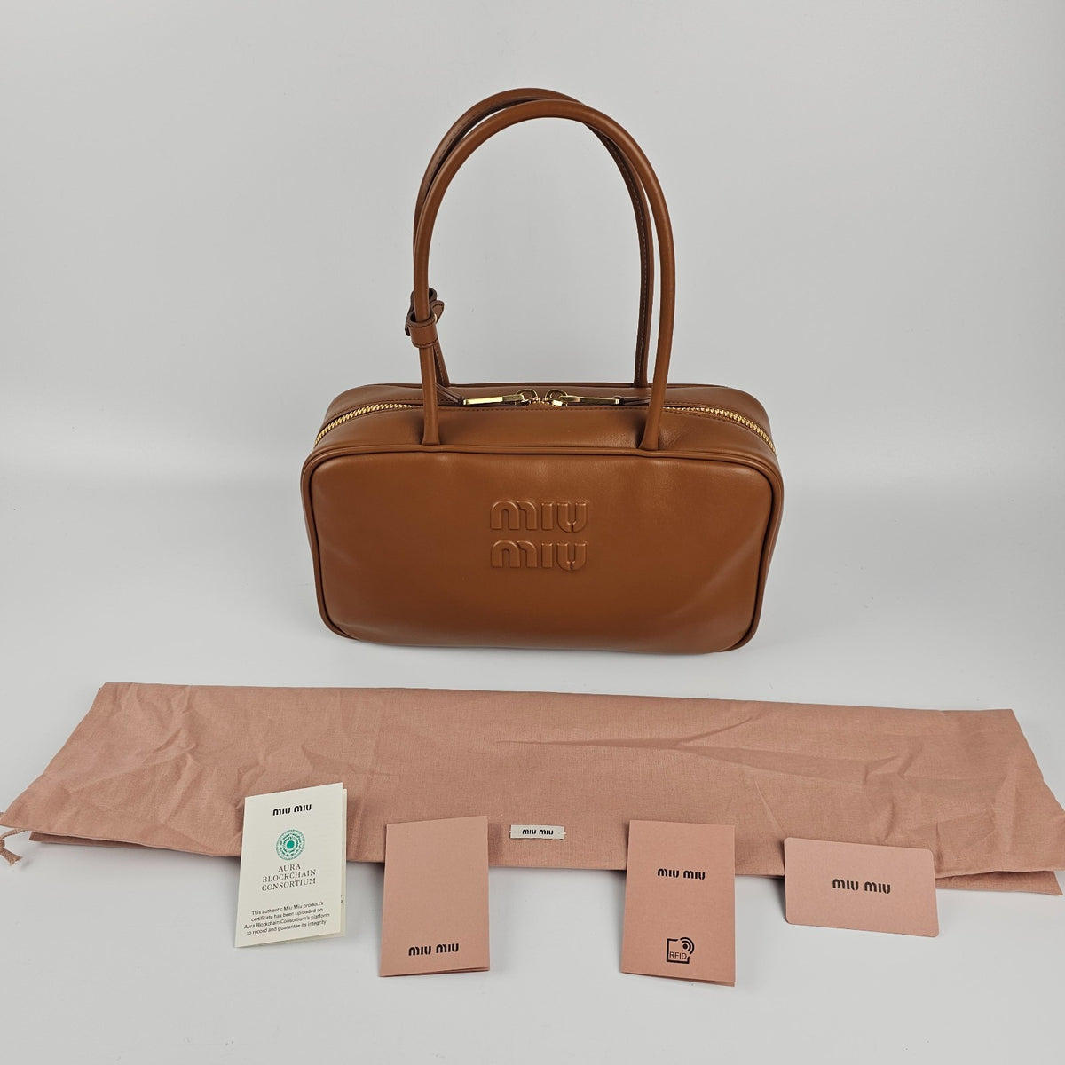 MIU MIU Beau Medium $3550 Cognac Leather Top Handle New And Authentic