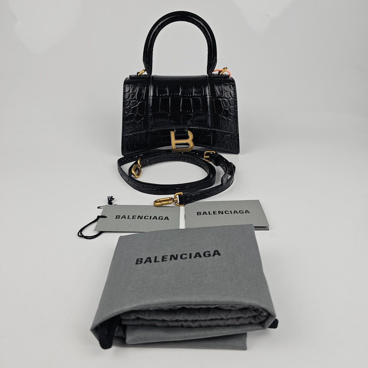 BALENCIAGA XS Hourglass Embossed Black Leather Bag New