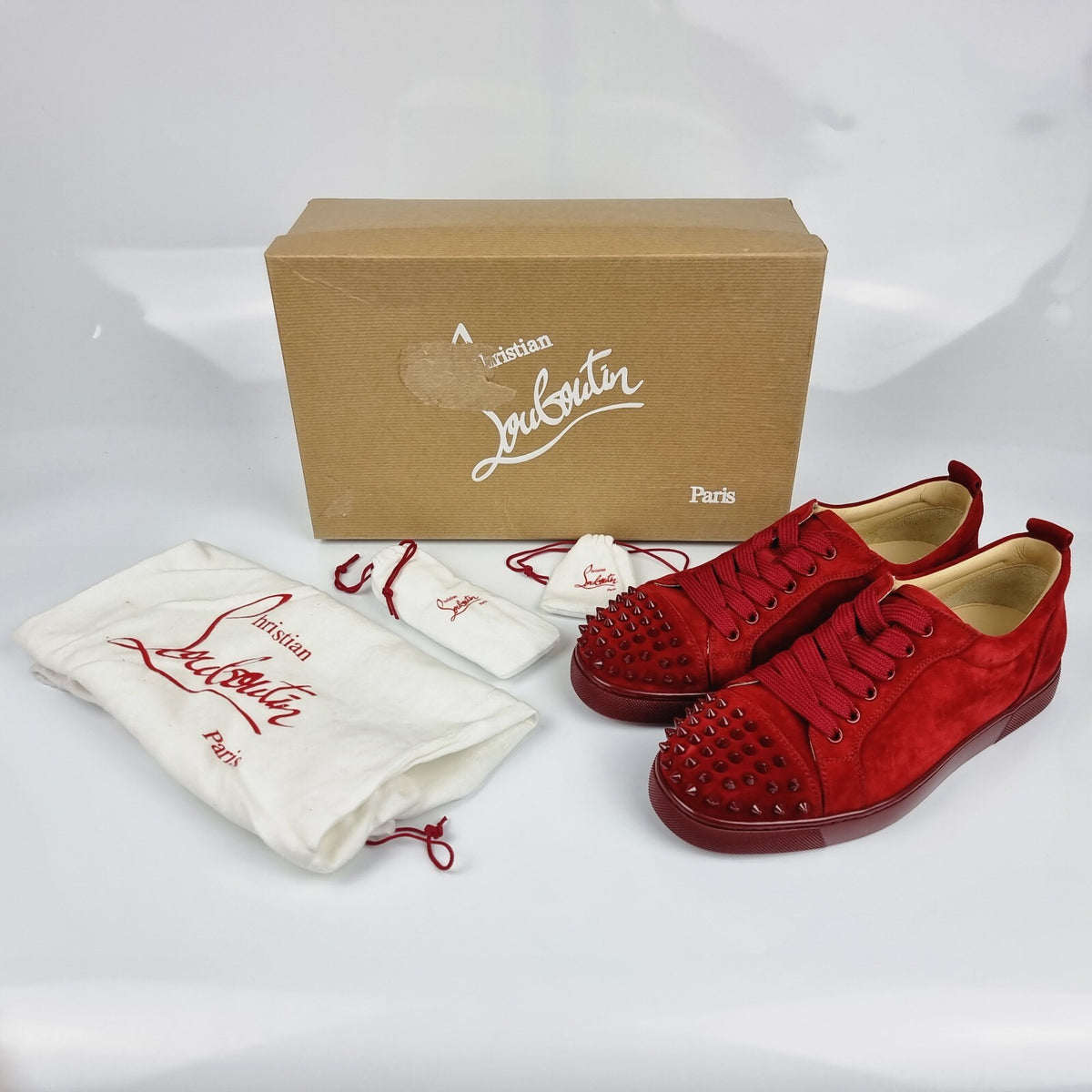 CHRISTIAN LOUBOUTIN Junior Spikes Suede Carmine Sneakers New Size 39.5 US 6.5