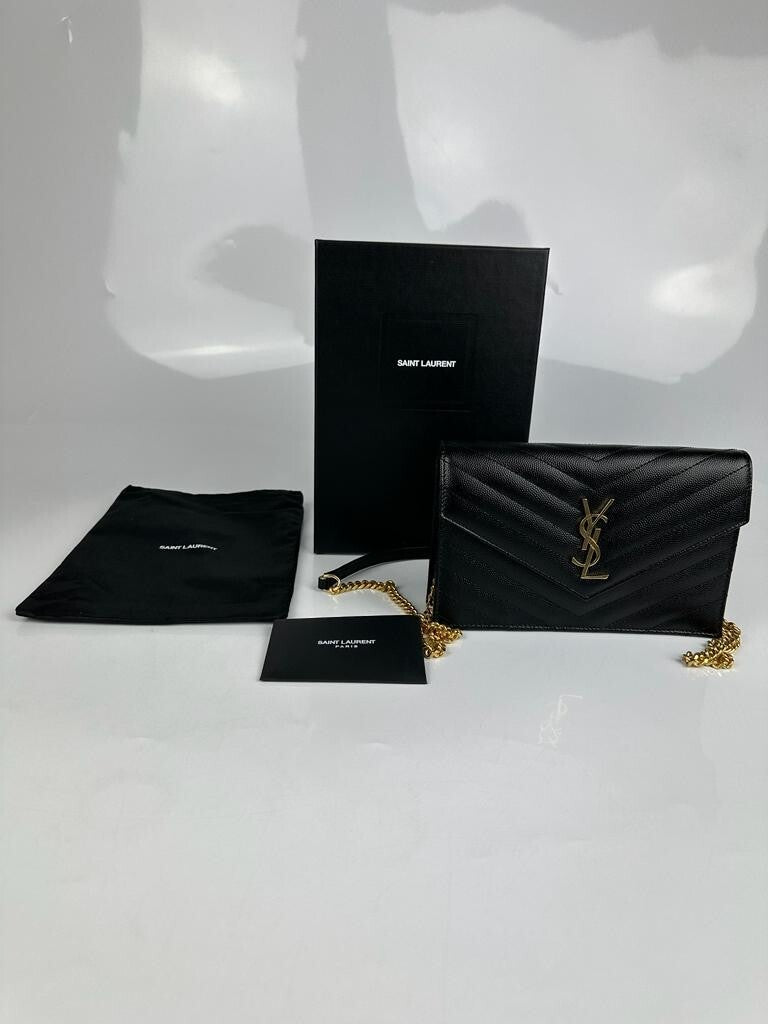 SAINT LAURENT Cassandre Envelope Black/Gold Grained Leather Chain Wallet New