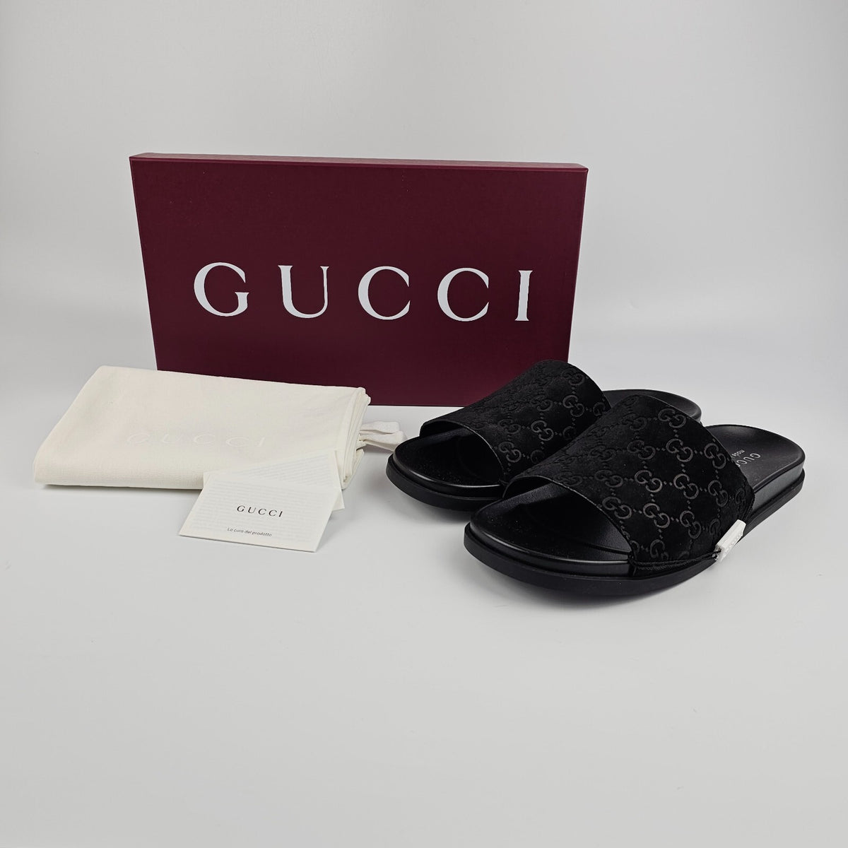 GUCCI $790 Men's Black GG Suede Slide Sandals New & Authentic