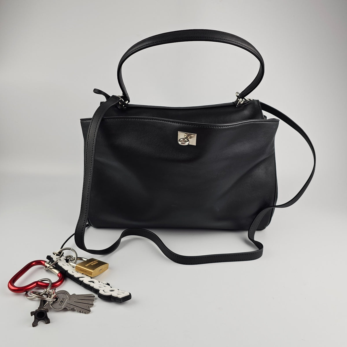 BALENCIAGA Rodeo Medium $5600 Black With Charm Leather Handbag New And Authentic