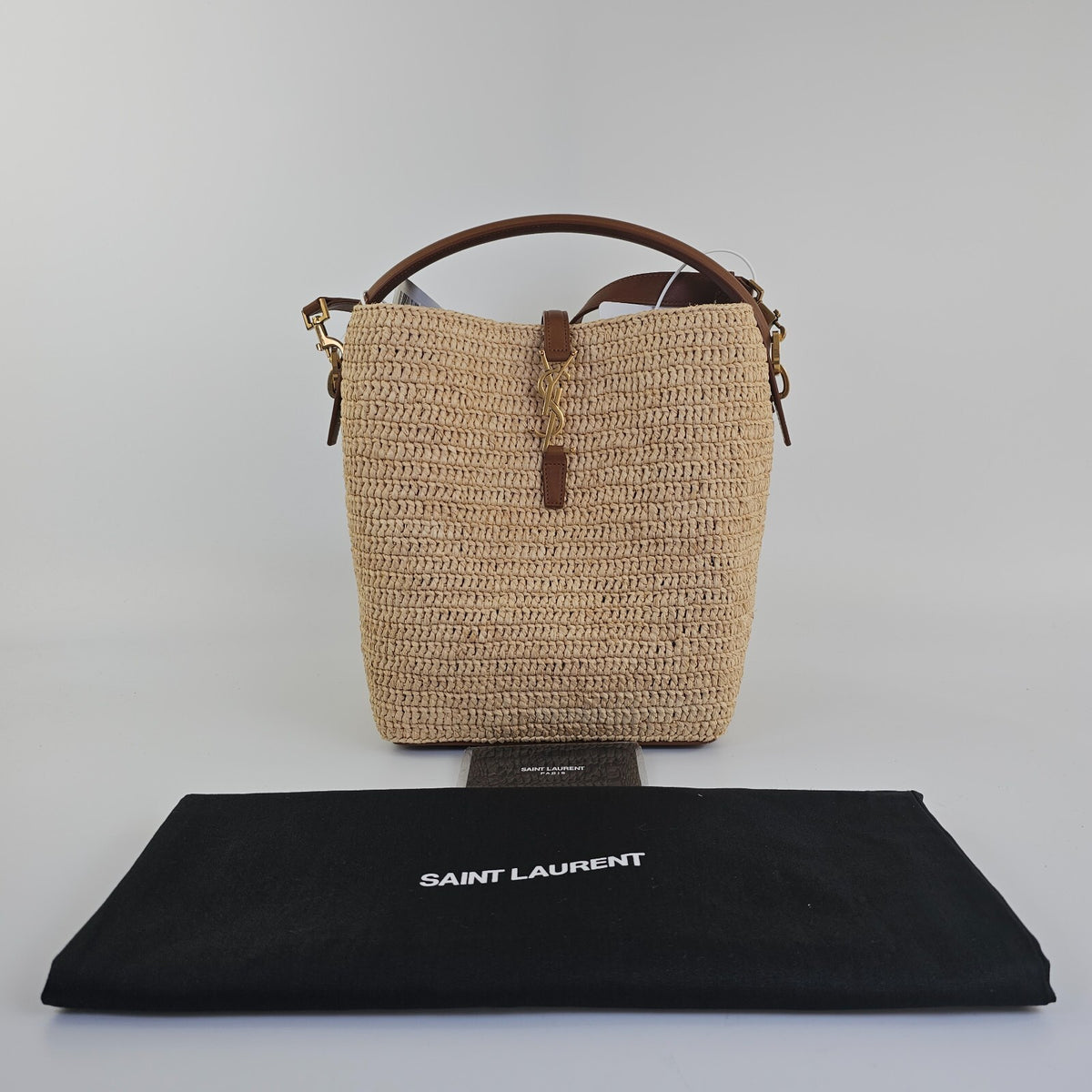 Saint Laurent Le 37 Medium $3200 Naturel/Brown Raffia Bucket Bag New & Authentic
