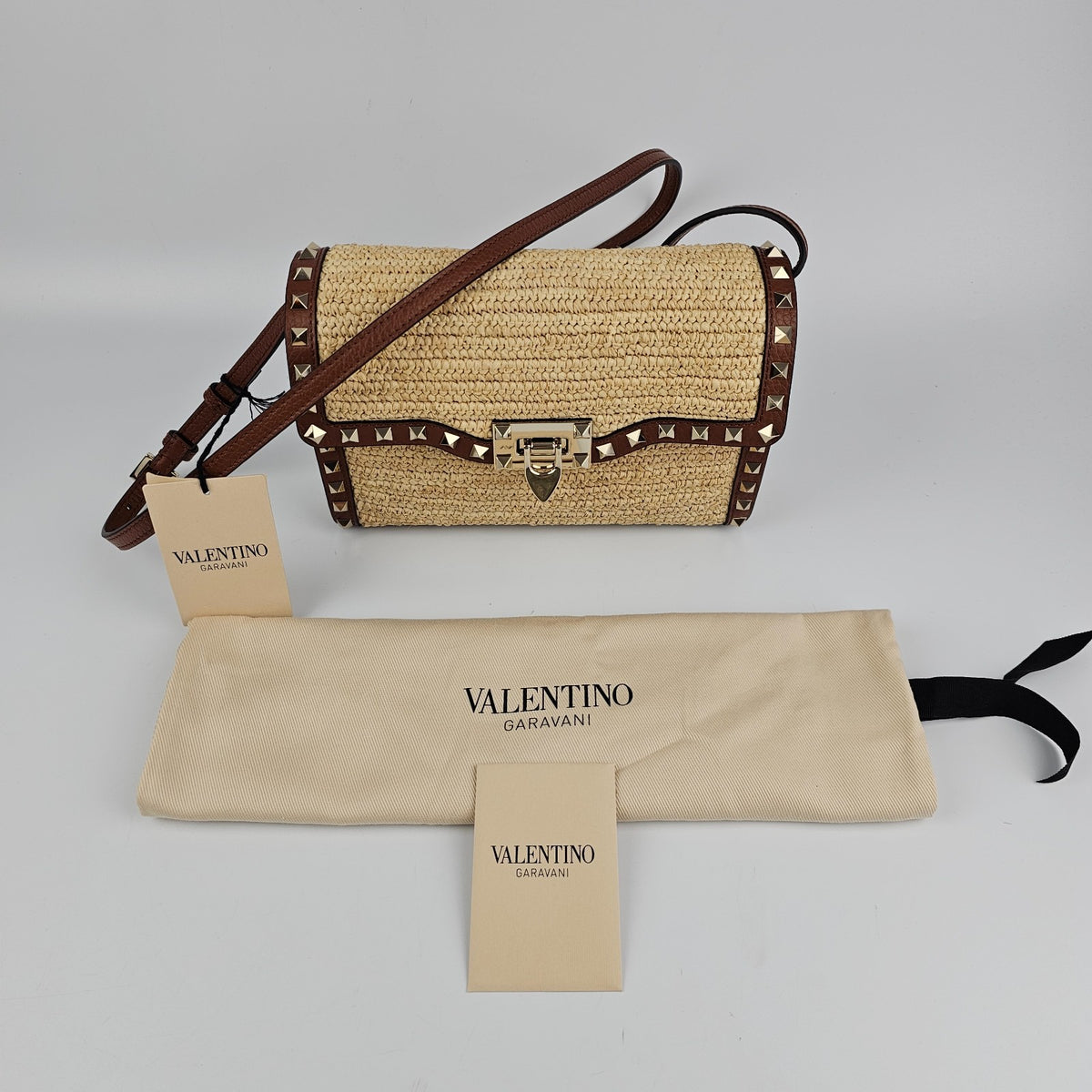 VALENTINO GARAVANI Rockstud Small Brown Raffia Crossbody Bag New And Authentic