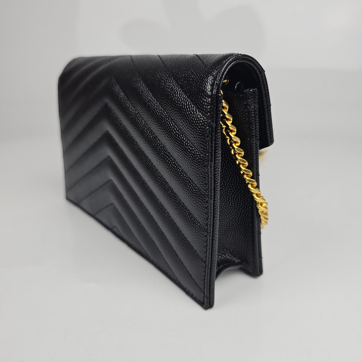 SAINT LAURENT Cassandre Envelope Black/Gold Grained Leather Chain Wallet New