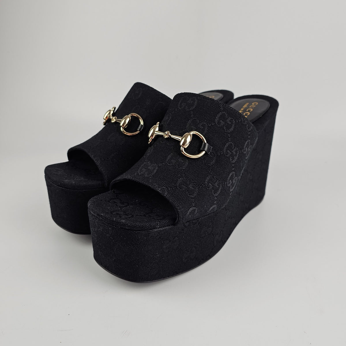 GUCCI Black GG Canvas Horsebit Wedge Sandals New & Authentic