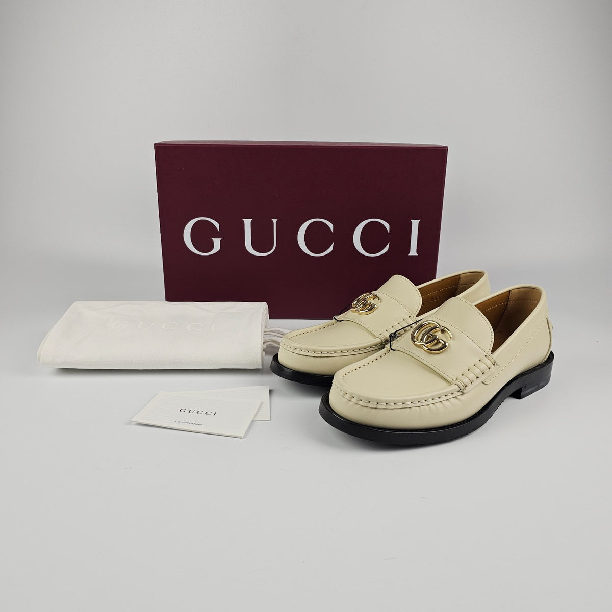 GUCCI Double G $1090 Women's White Leather Loafers New & Authentic