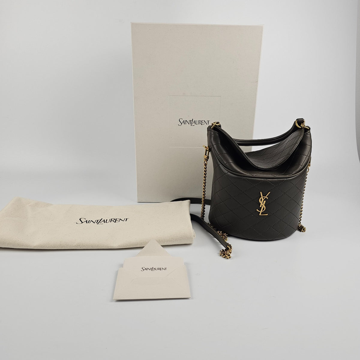 SAINT LAURENT Gaby $2450 Light Musk Leather Bucket Bag New & Authentic