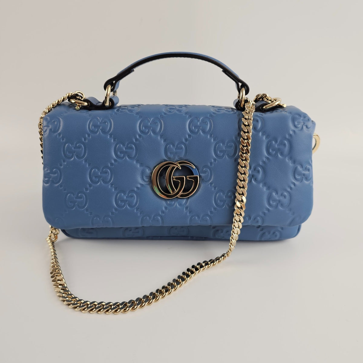 GUCCI Milano GG Small Blue GG Leather Top Handle Bag New/Authentic