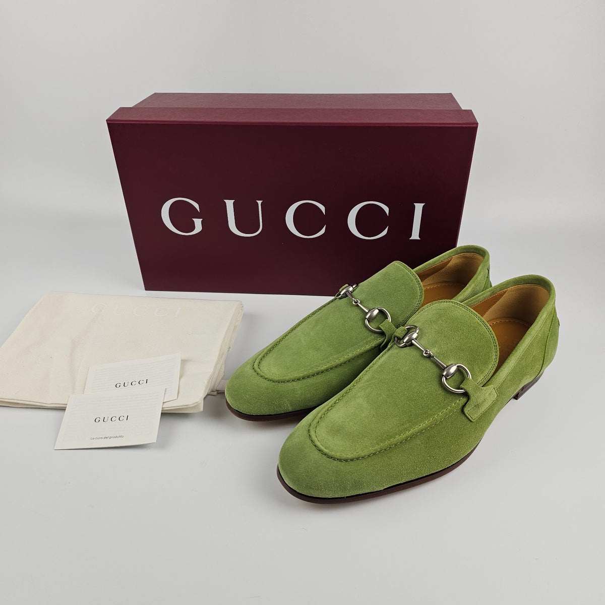 GUCCI Jordaan $1090 Men's Green Suede Horsebit Loafers New & Authentic