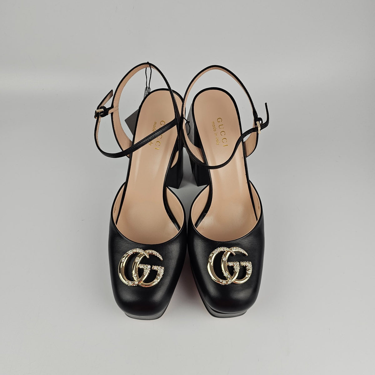GUCCI Black Leather With Crystal GG Platform Sandals New & Authentic