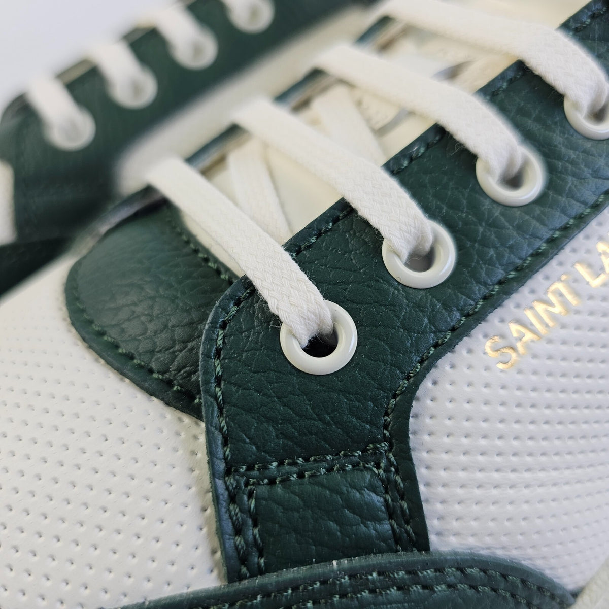 SAINT LAURENT SL/61 $880 White/Dark Green Perforated Leather Sneakers New
