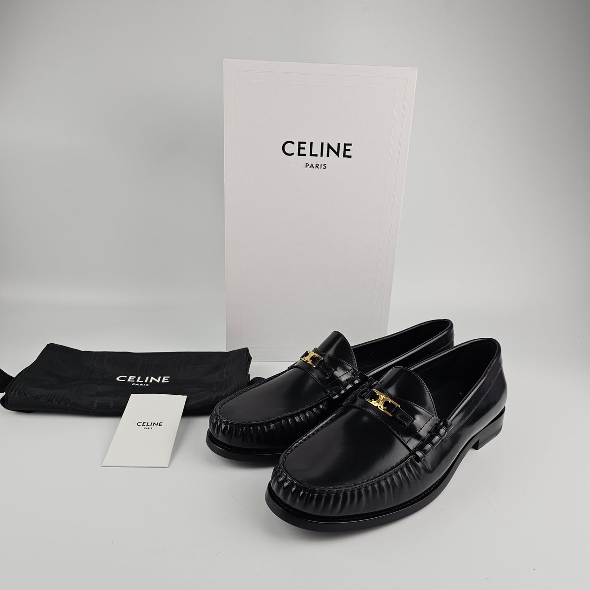 CELINE Luco Triomphe Polished Black Loafers New & Authentic