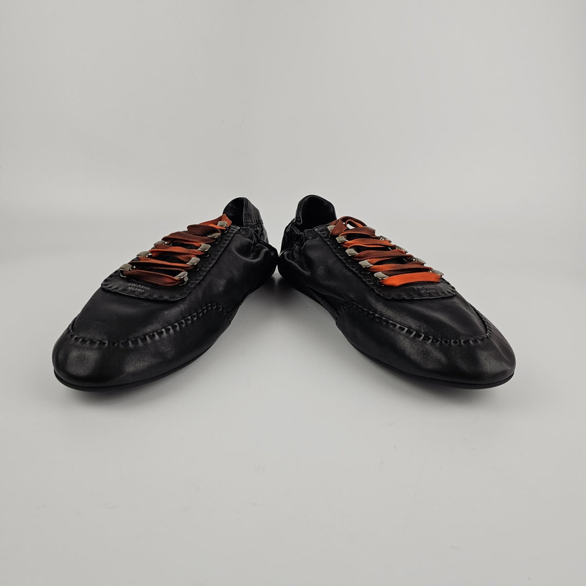PRADA $1270 Collapse Black Antiqued Nappa Leather Sneakers New & Authentic