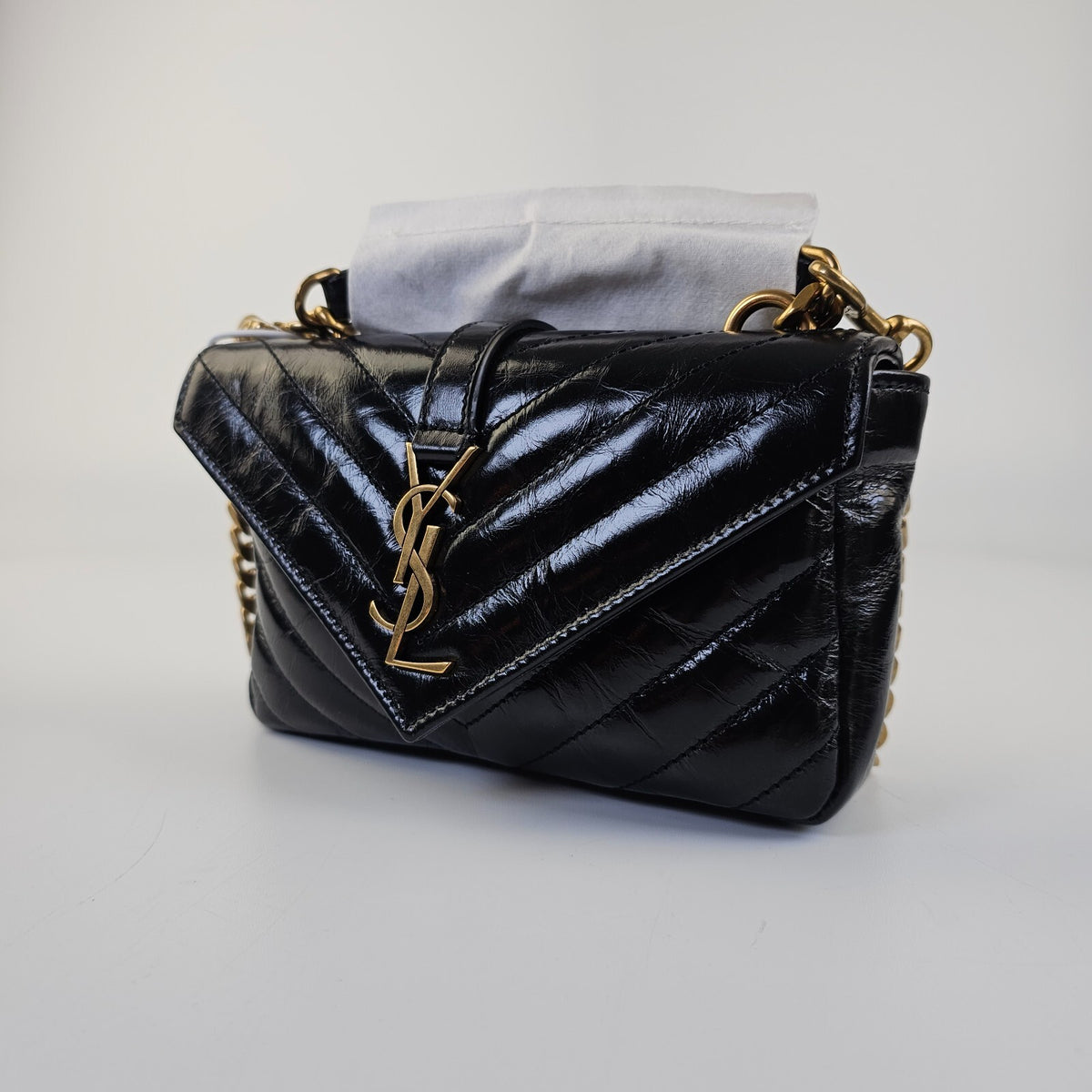SAINT LAURENT College Mini Black Shiny Leather Shoulder Bag New/Authentic