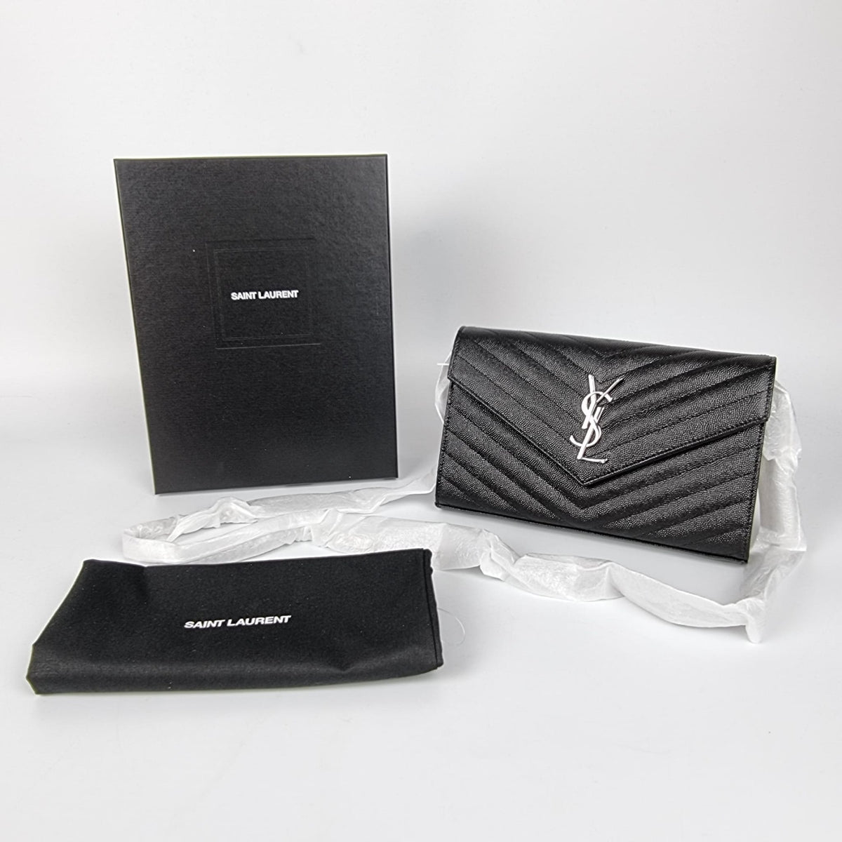 SAINT LAURENT Cassandre Classic $1600 Black/Silver Leather Chain Wallet New
