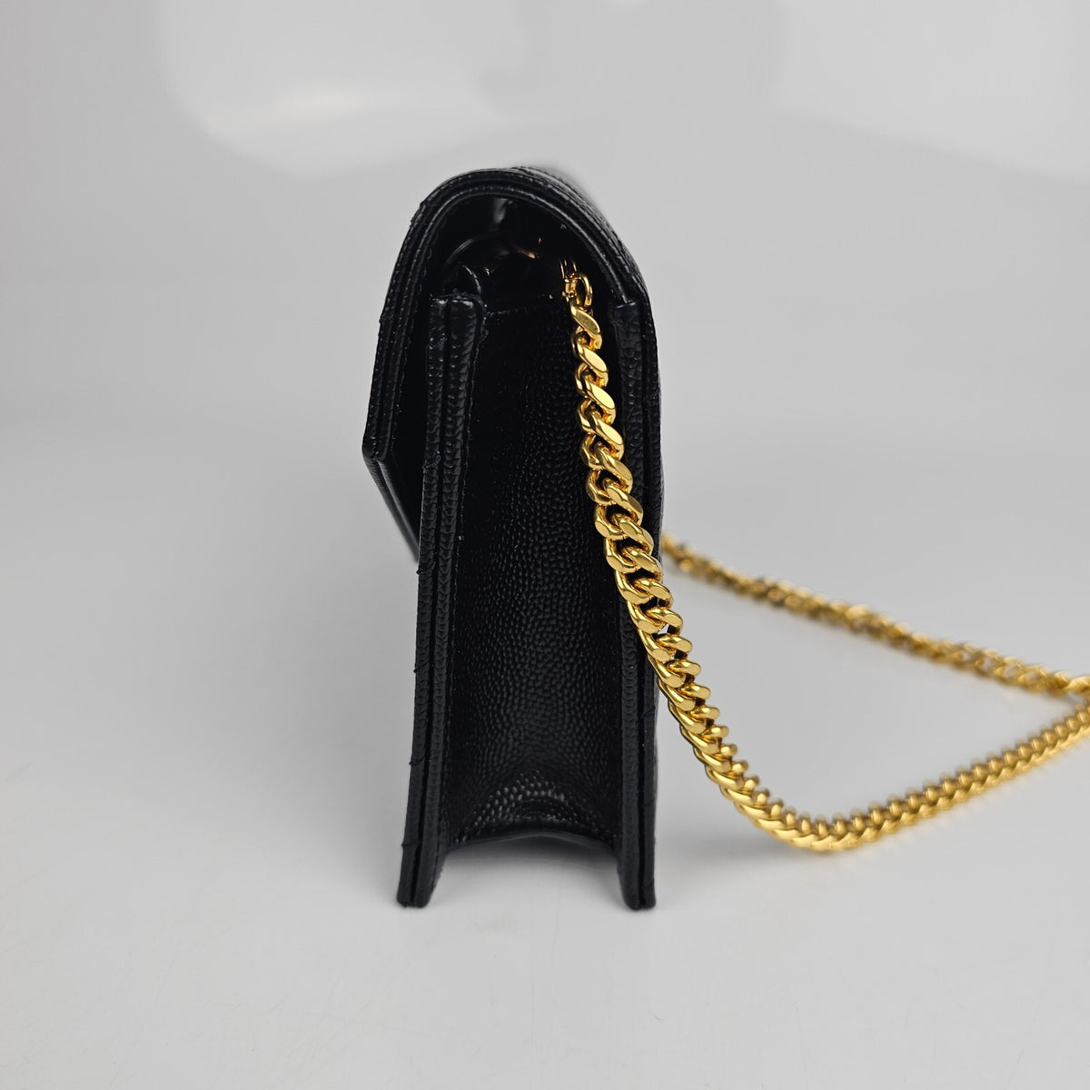 SAINT LAURENT Cassandre Envelope Black/Gold Grained Leather Chain Wallet New