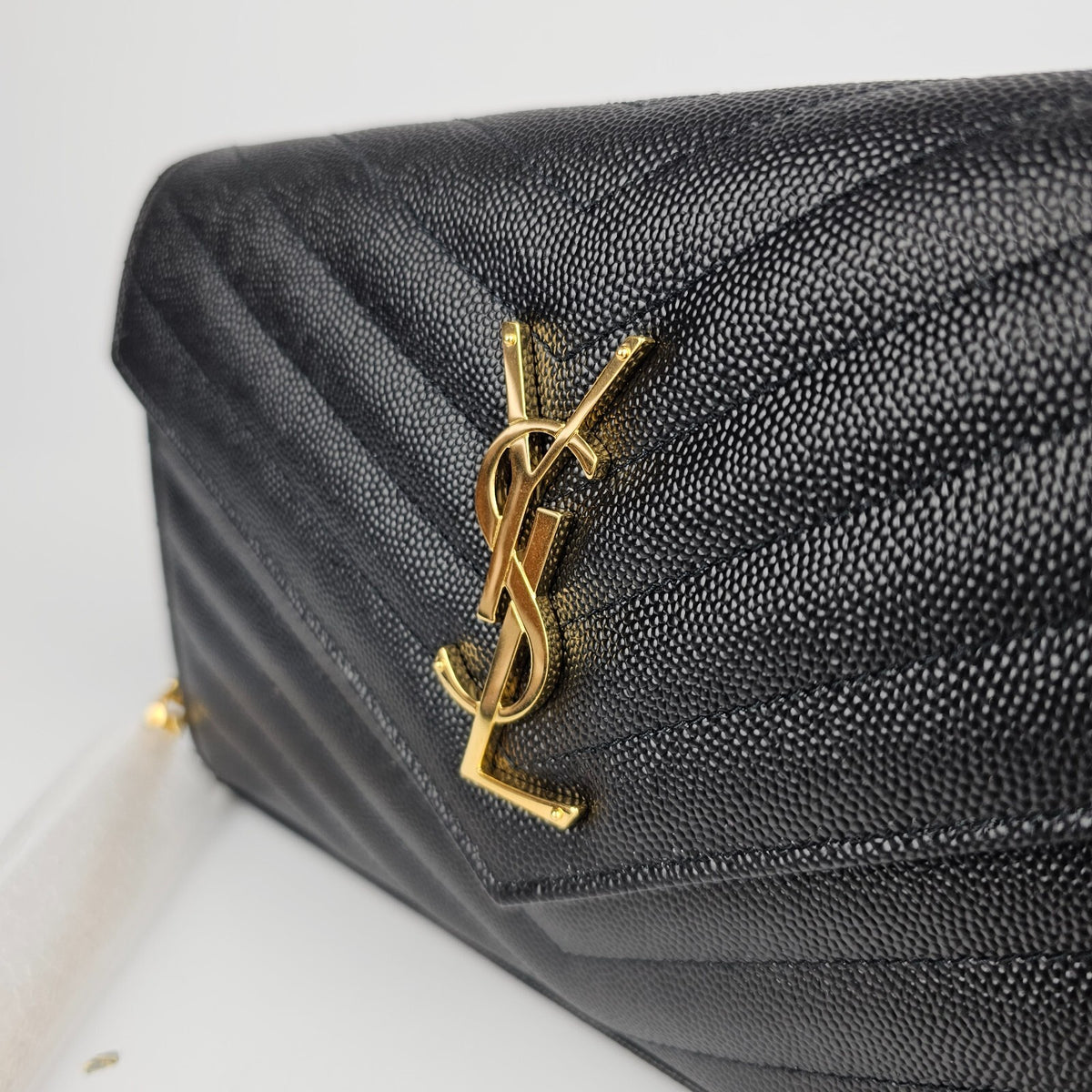 SAINT LAURENT Cassandre Classic Black/Gold Grained Leather Chain Wallet New