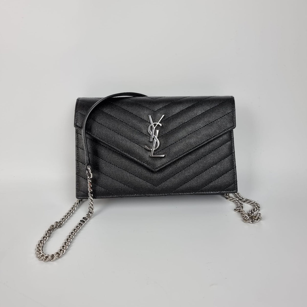 SAINT LAURENT Cassandre Envelope Black/Silver Grained Leather Chain Wallet New