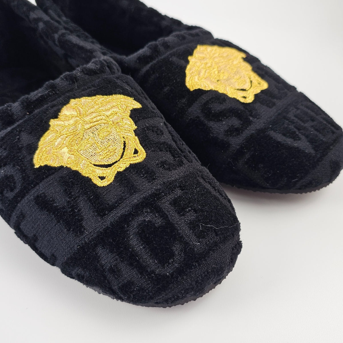 VERSACE Allover Black Cotton Slippers New