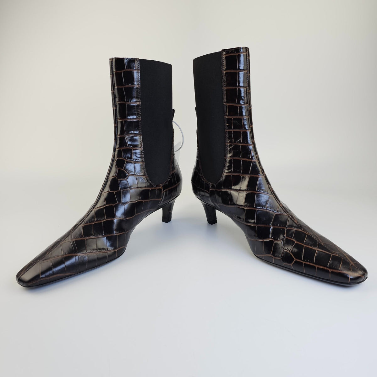 TOTEME Croco-Embossed $830 Dark Brown 50mm Mid Heel Boots New And Authentic