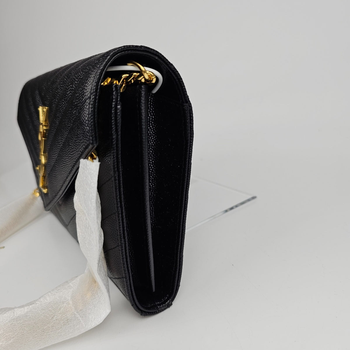 SAINT LAURENT Cassandre Classic Black/Gold Grained Leather Chain Wallet New