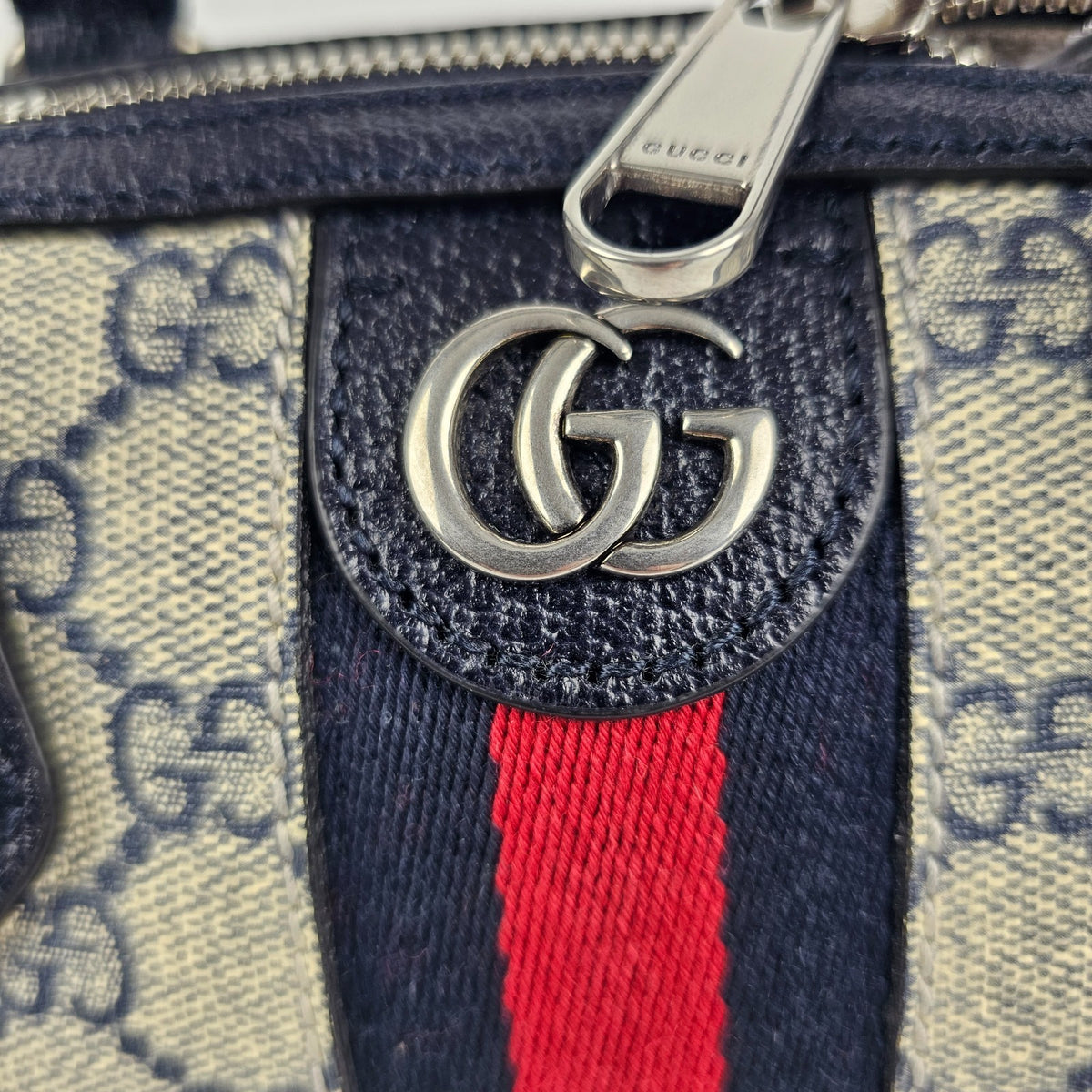 GUCCI Ophidia Small Beige And Blue GG Canvas Top Handle Bag New & Authentic