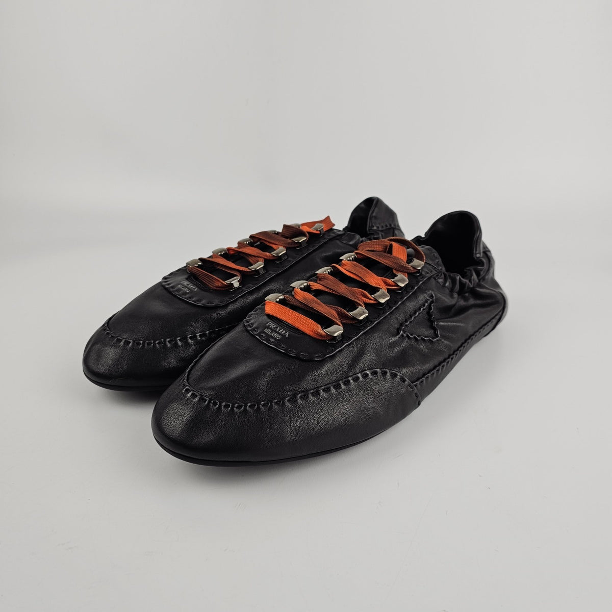 PRADA $1270 Collapse Black Antiqued Nappa Leather Sneakers New & Authentic