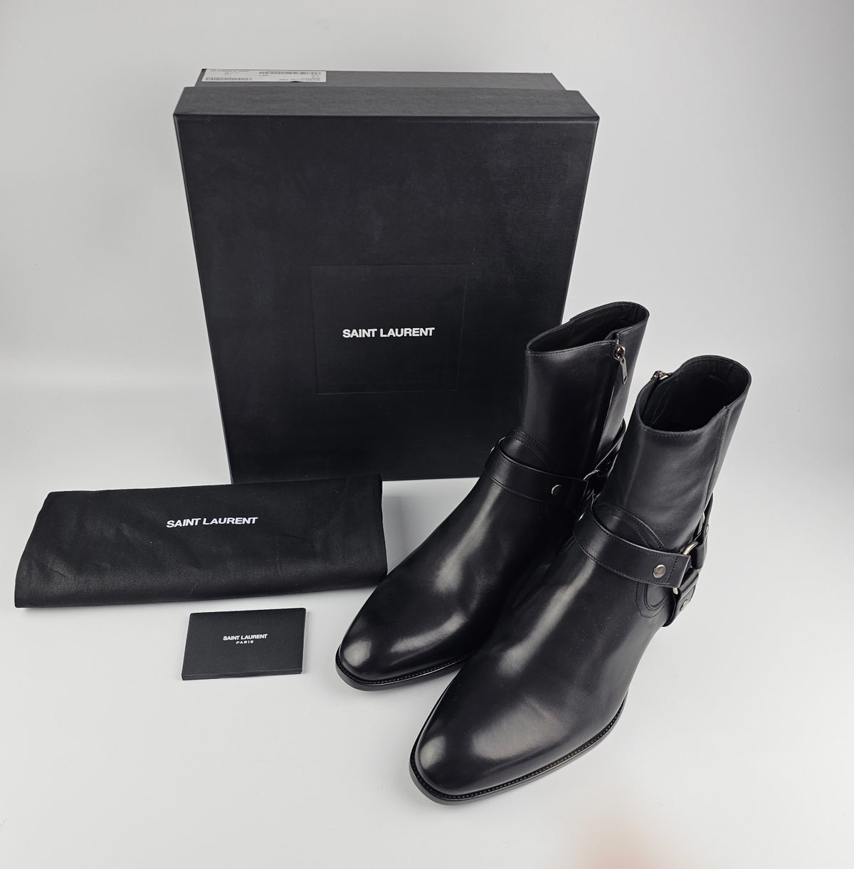 SAINT LAURENT Wyatt Black Leather Ankle Boots New & Authentic