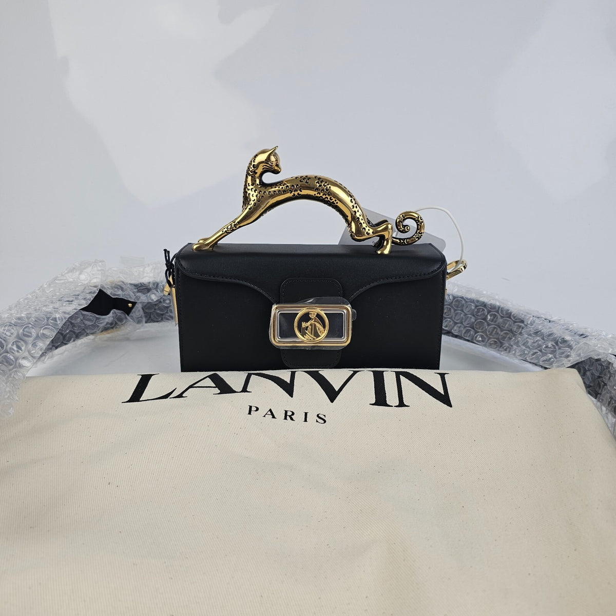 Lanvin Cat Nano Black Leather Top Handle Pencil Box Bag New