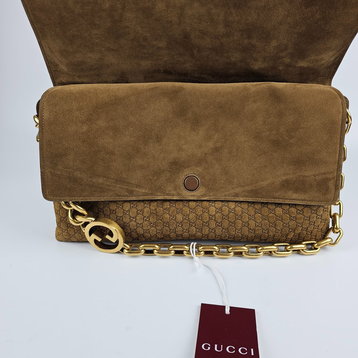 GUCCI $4600 Brown GG Suede Large With Chain Shoulder Bag New & Authentic