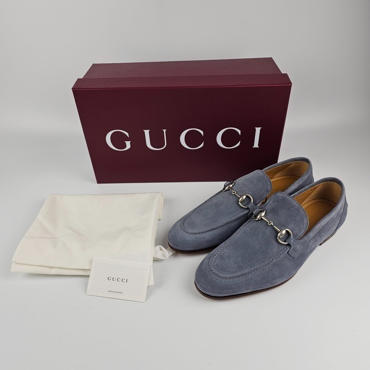 GUCCI Jordaan $1090 Men's Dark Gray Suede Horsebit Loafers New & Authentic