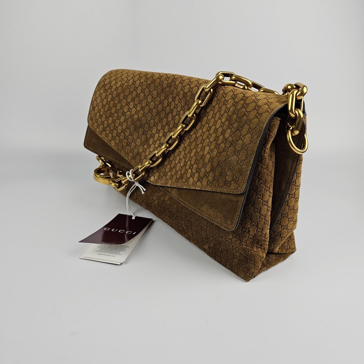 GUCCI $4600 Brown GG Suede Large With Chain Shoulder Bag New & Authentic