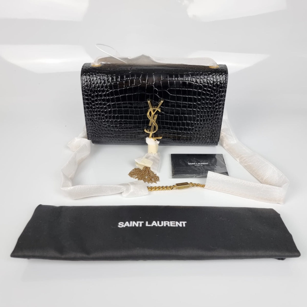 Saint Laurent Kate Medium Tassel $3100 Black Embossed Leather Shoulder Bag New