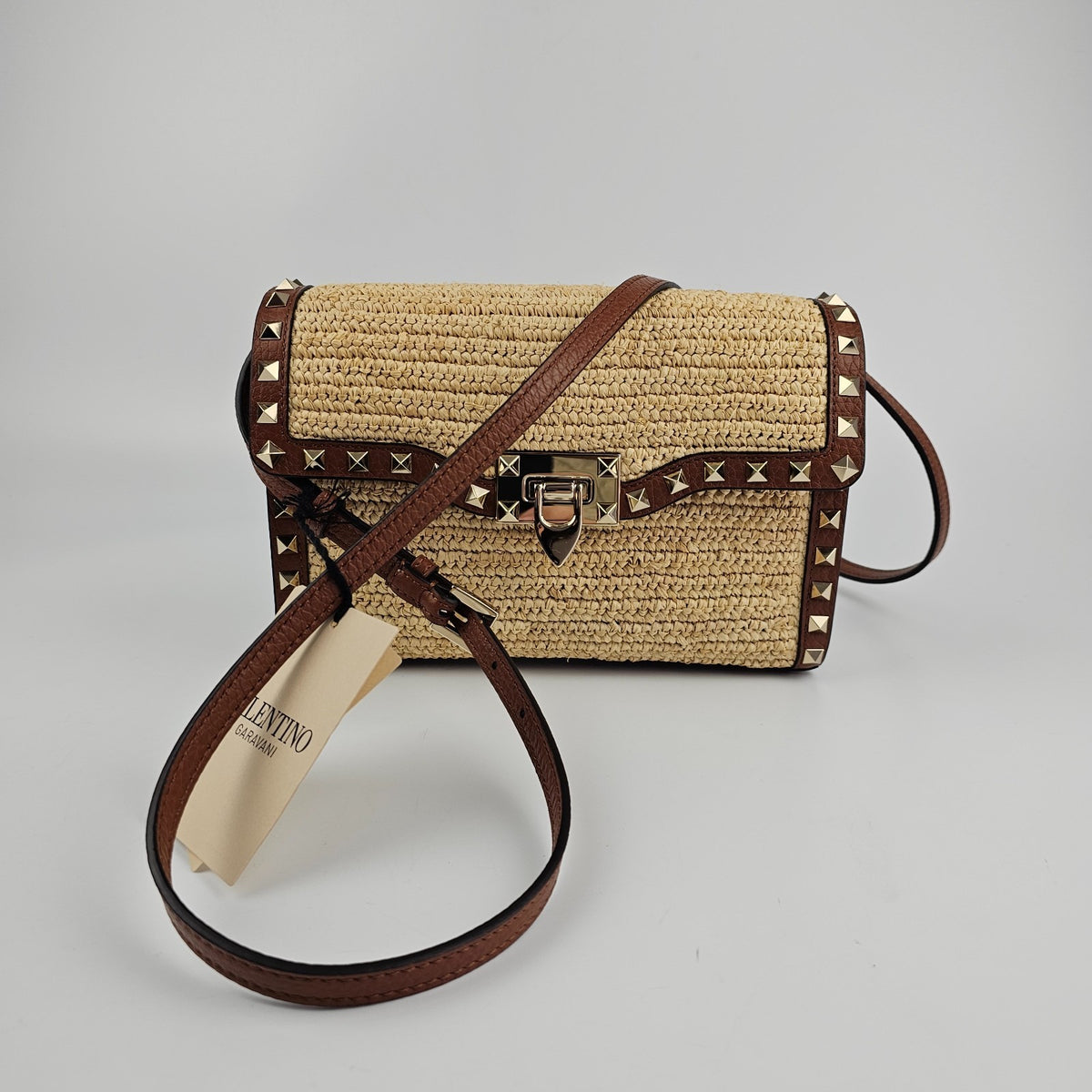 VALENTINO GARAVANI Rockstud Small Brown Raffia Crossbody Bag New And Authentic