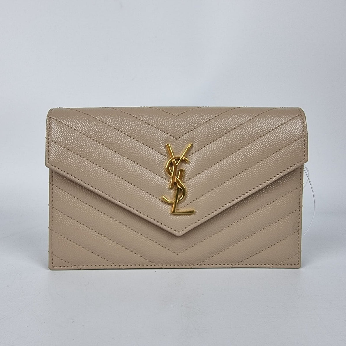 SAINT LAURENT Cassandre Envelope Dark Beige Grained Leather Chain Wallet New