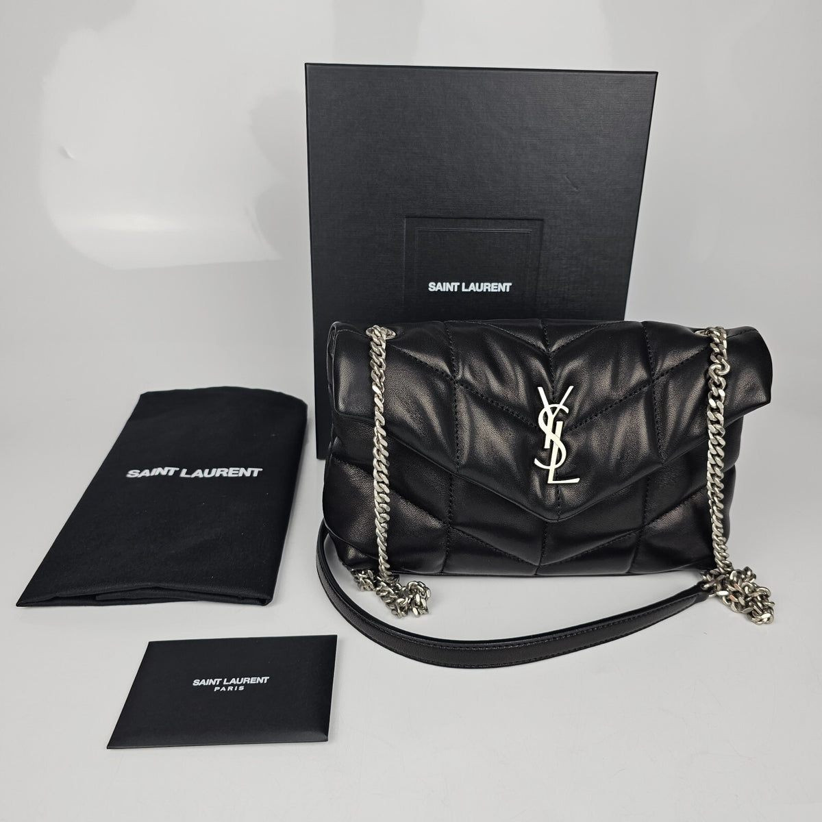 Saint Laurent Toy Puffer $2490 Black/Silver Leather Shoulder Bag New & Authentic