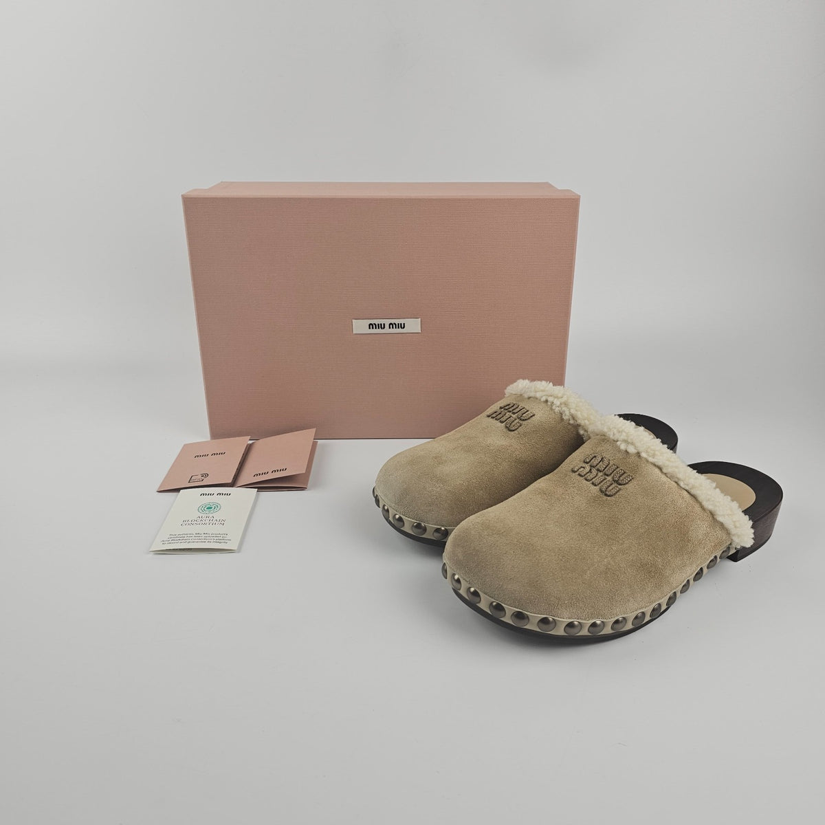 MIU MIU Desert Beige Shearling Clogs New & Authentic