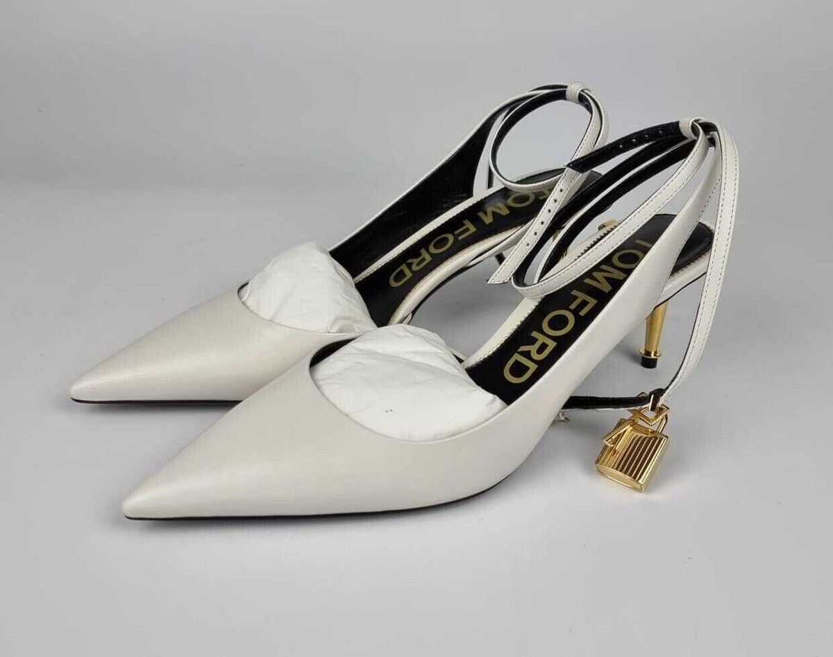 TOM FORD 55mm Padlock White Leather Pumps New Size 37.5 US 7.5