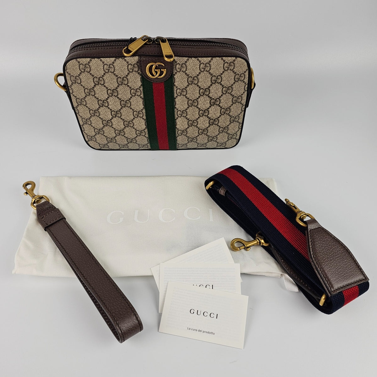 GUCCI Ophidia Small $1790 Beige And Ebony GG Canvas Crossbody Bag New/Authentic