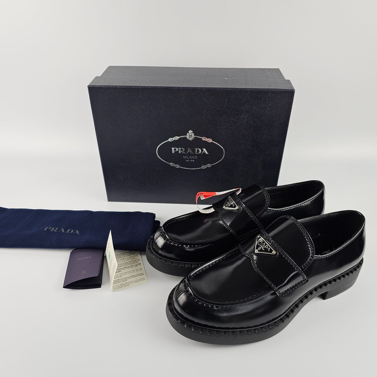 PRADA Chocolate Black Brushed Leather Loafers New And Authentic