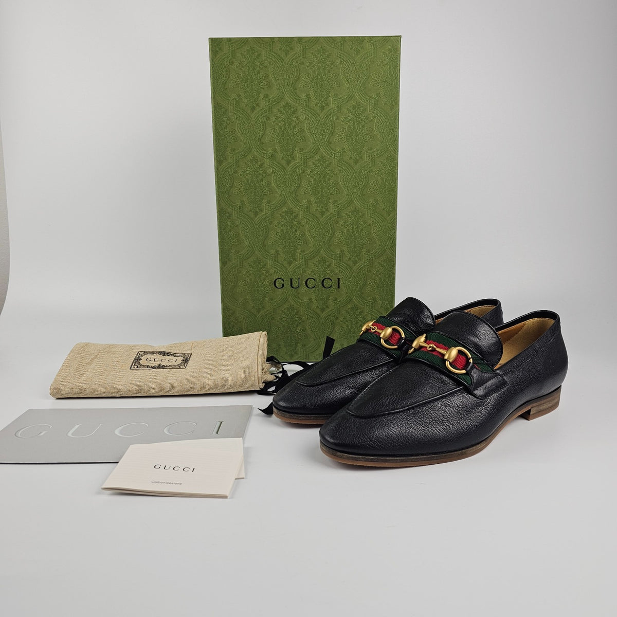 GUCCI Men's Black Leather With Horsebit And Web Loafers New & Authentic