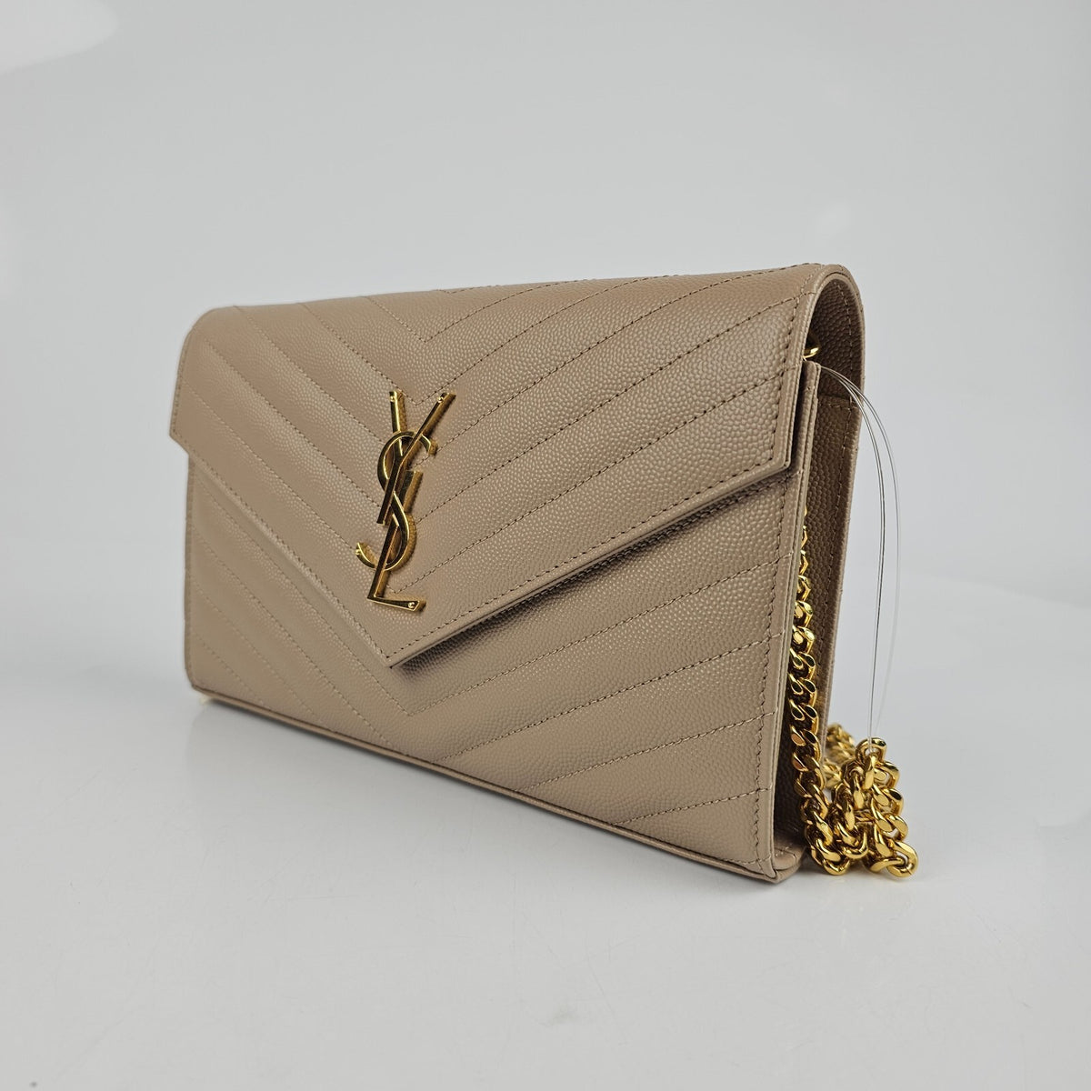 SAINT LAURENT Cassandre Classic Dark Beige Grained Leather Chain Wallet New