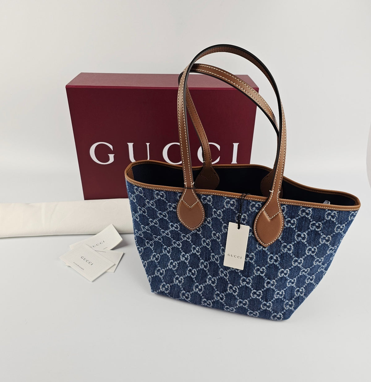 GUCCI Totissima Small $2180 Blue GG Denim Tote Bag New & Authentic